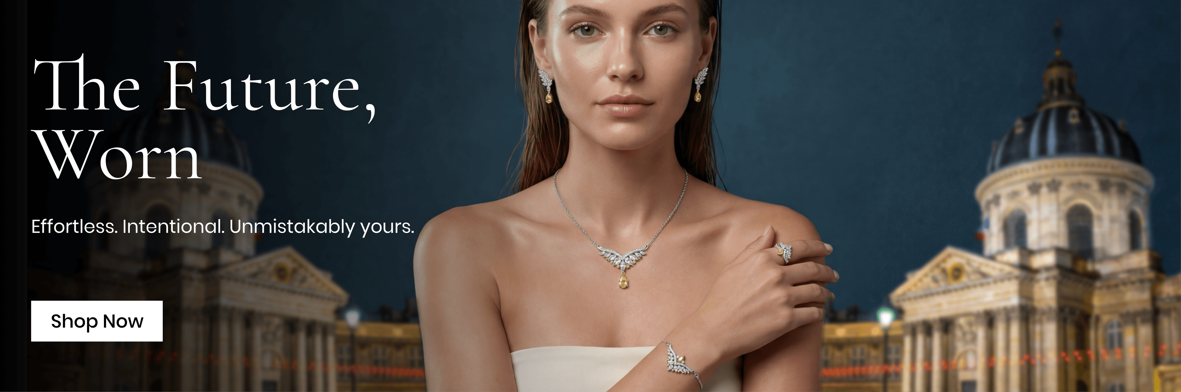 Luminique lab grown diamond necklace, earrings, ring and bracelet suite worn by a model