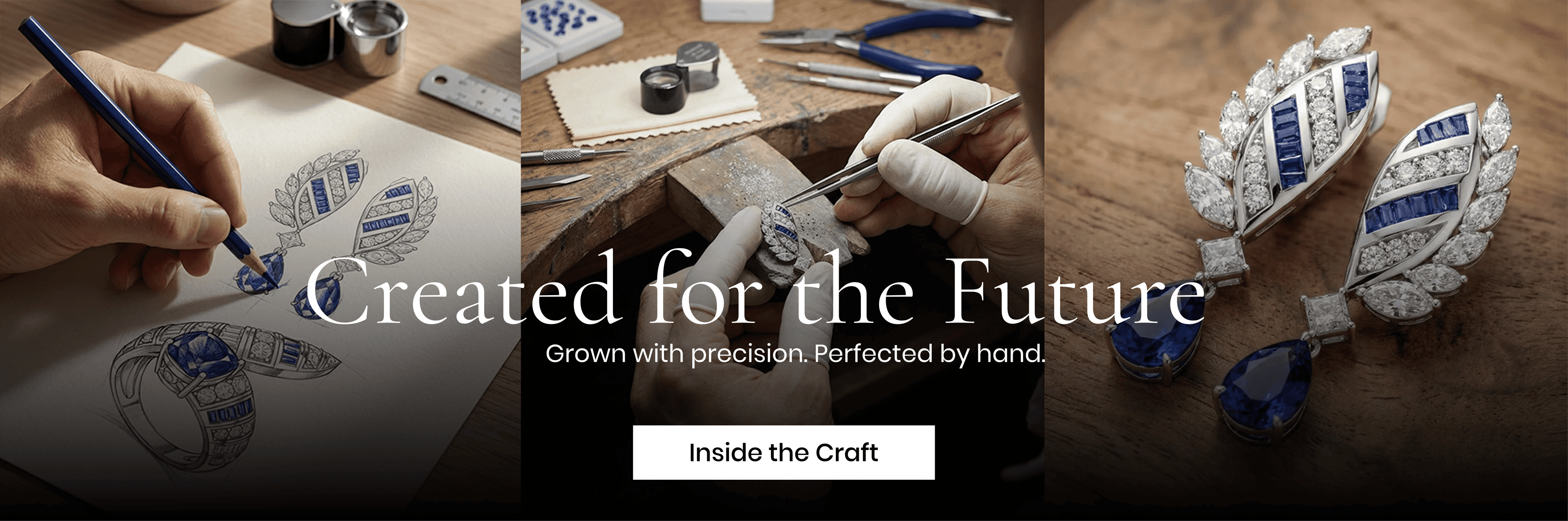 Luminique atelier craftsmanship, jewellery sketch, bench setting and sapphire diamond earrings