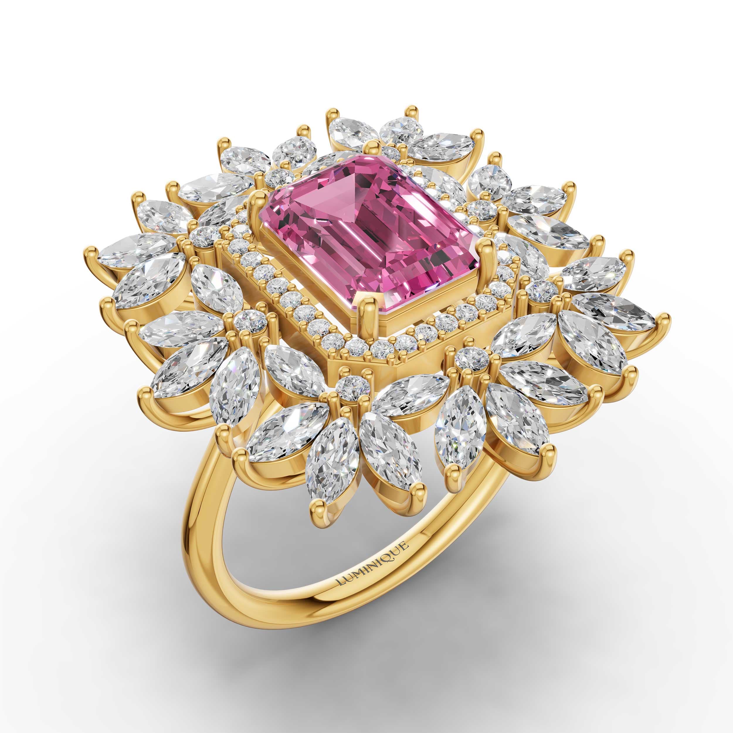 Volt Statement Ring in yellow gold with lab grown diamonds and pink sapphire, view 2