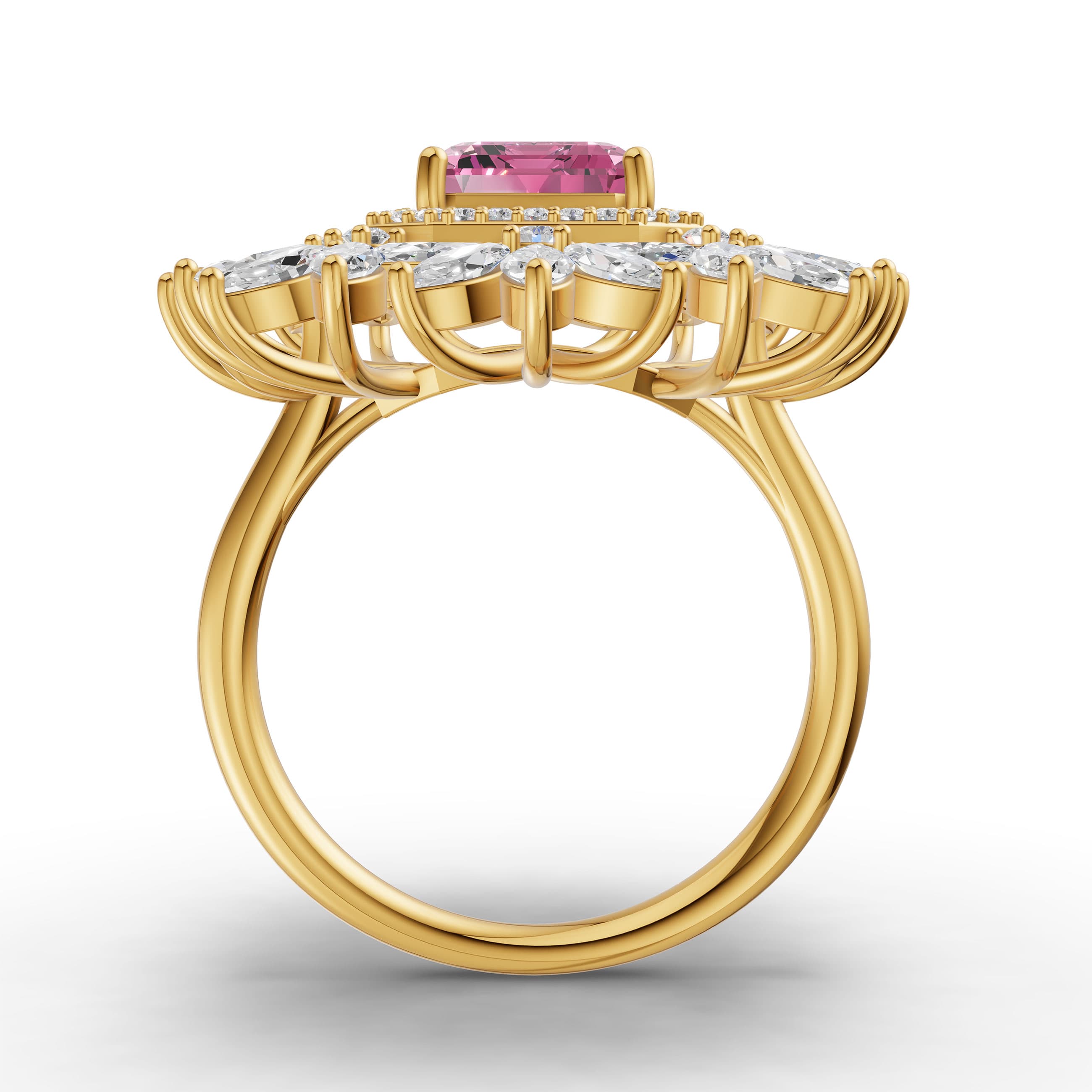 Volt Statement Ring in yellow gold with lab grown diamonds and pink sapphire, view 4