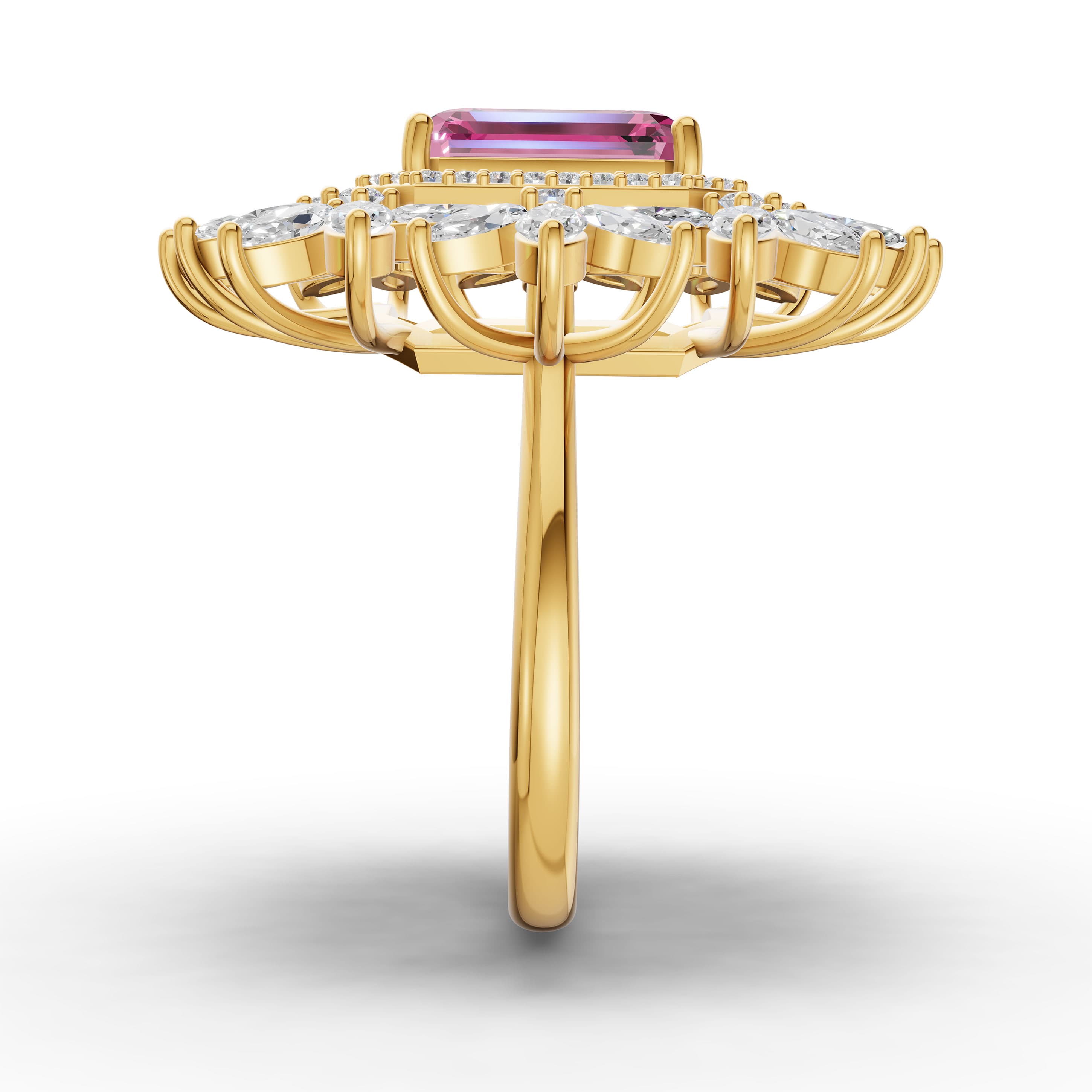 Volt Statement Ring in yellow gold with lab grown diamonds and pink sapphire, view 5