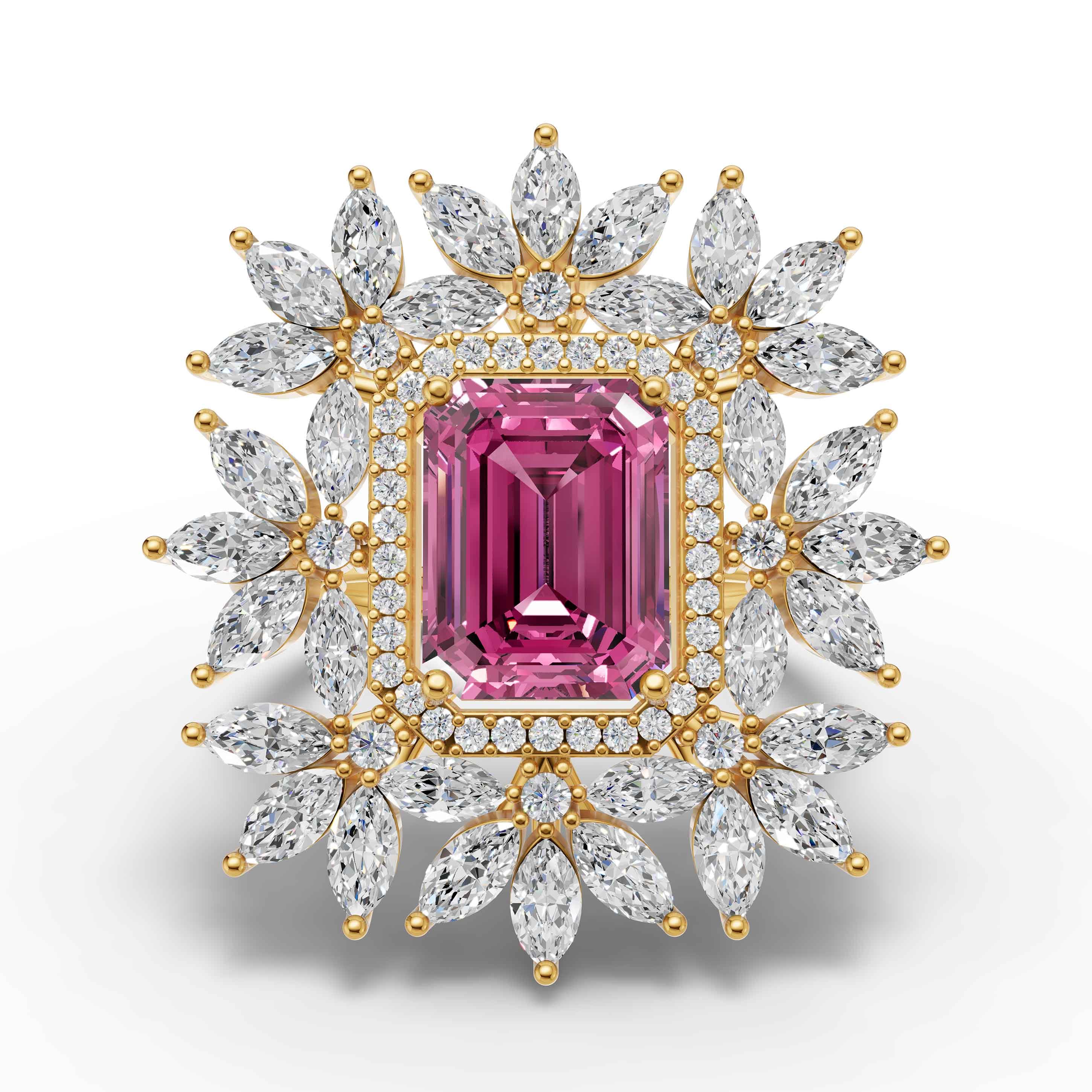 Volt Statement Ring in yellow gold with lab grown diamonds and pink sapphire, view 3