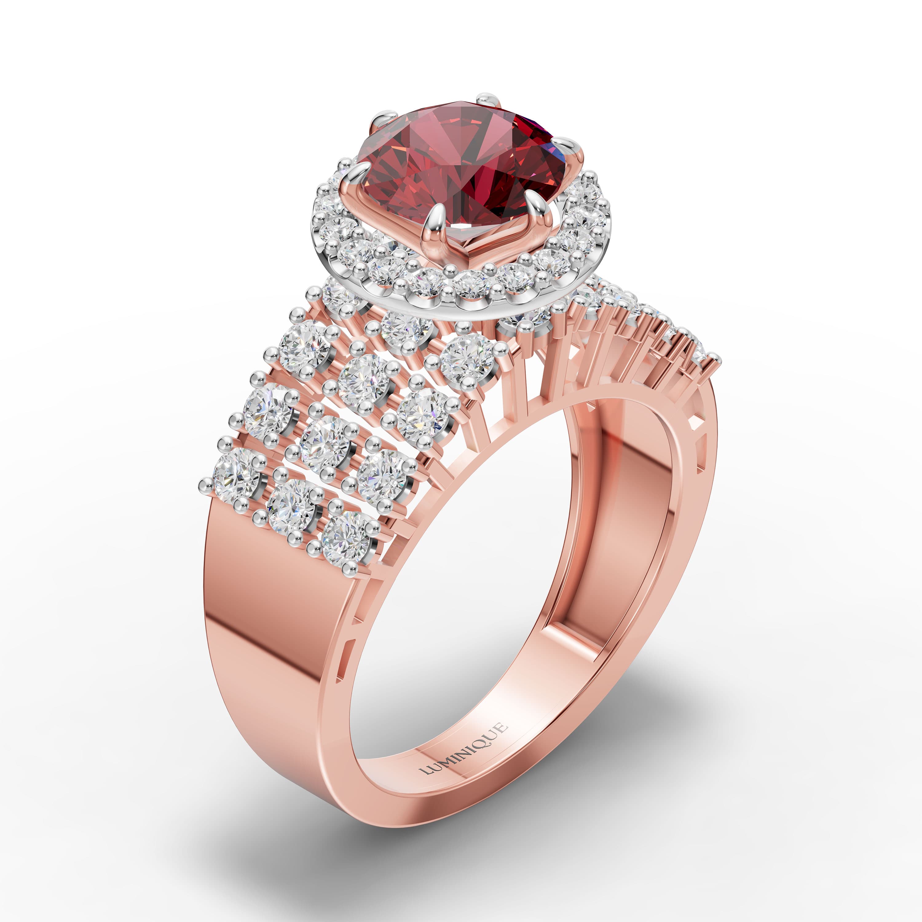 Zinnia Round Halo Ring in rose gold with lab grown diamonds and ruby, view 3