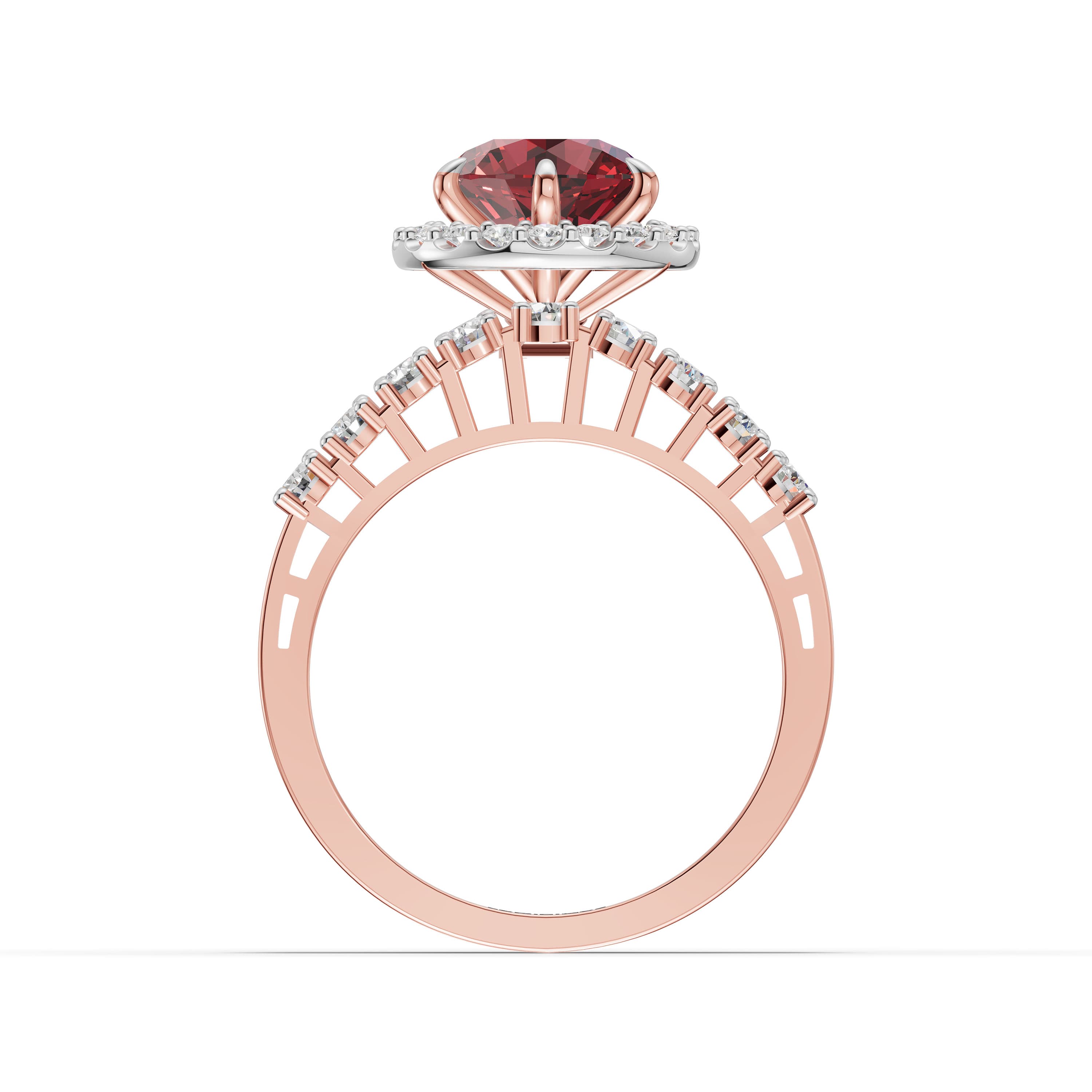 Zinnia Round Halo Ring in rose gold with lab grown diamonds and ruby, view 4